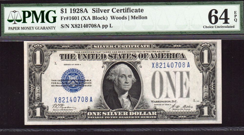 Fr.1601, 1928A $1 Silver Certificate, Very Choice CU, PMG-64, X82140708A
